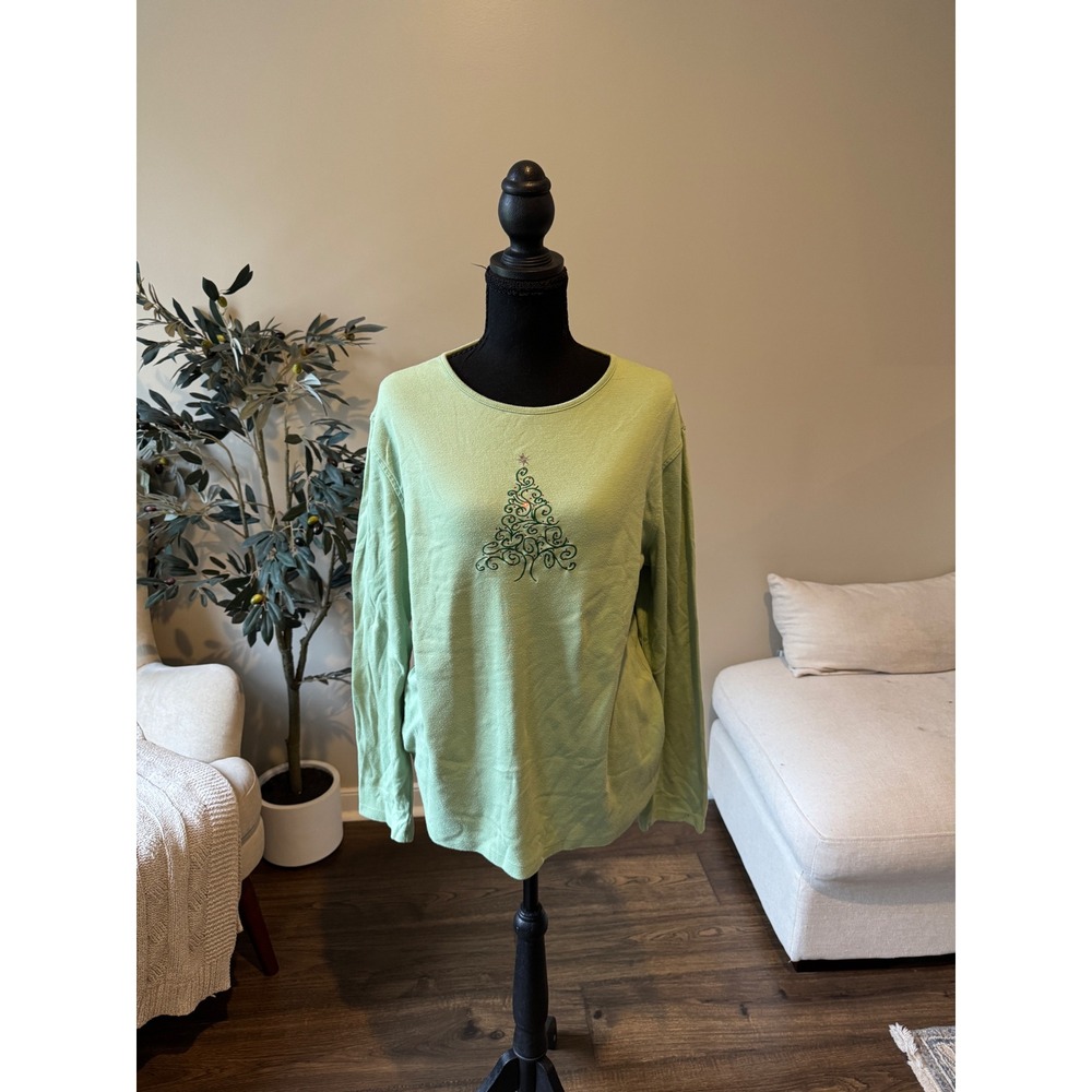MC Sportswear Womens XXL Green Embroidered Christmas Tree Long Sleeve Top
